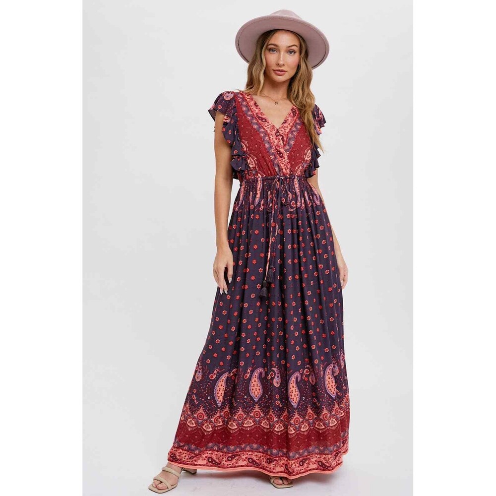 Bluivy Boho Paisley Print Surplice Maxi Dress - NWT